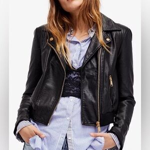 Free People Black Moto Jacket Gold Zippers Red Damask Lining Size M